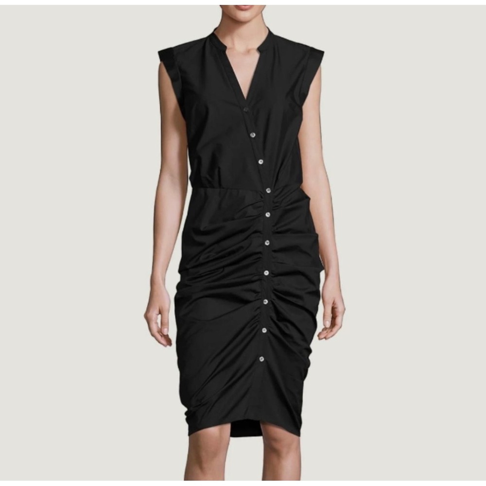 Veronica Beard Women's Black Ruched Midi Dress V Neck Button Front Size 8